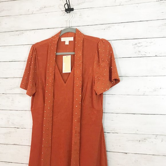 NWT Michael Kors Burnt Orange Studded Ruffle Dress - Picture 2 of 5